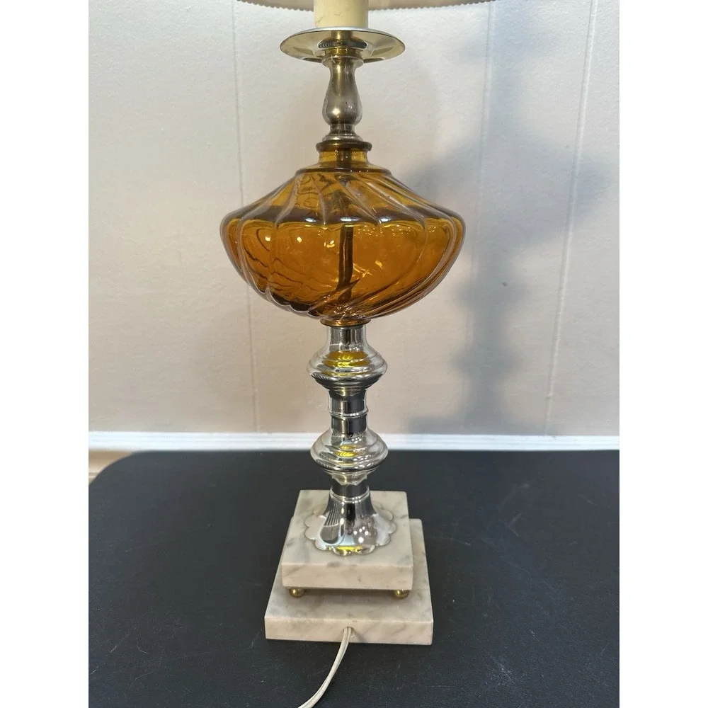 Vintage‎ Amber Glass Table Lamp Marble Base Chrome Metal Pleated Shade 29